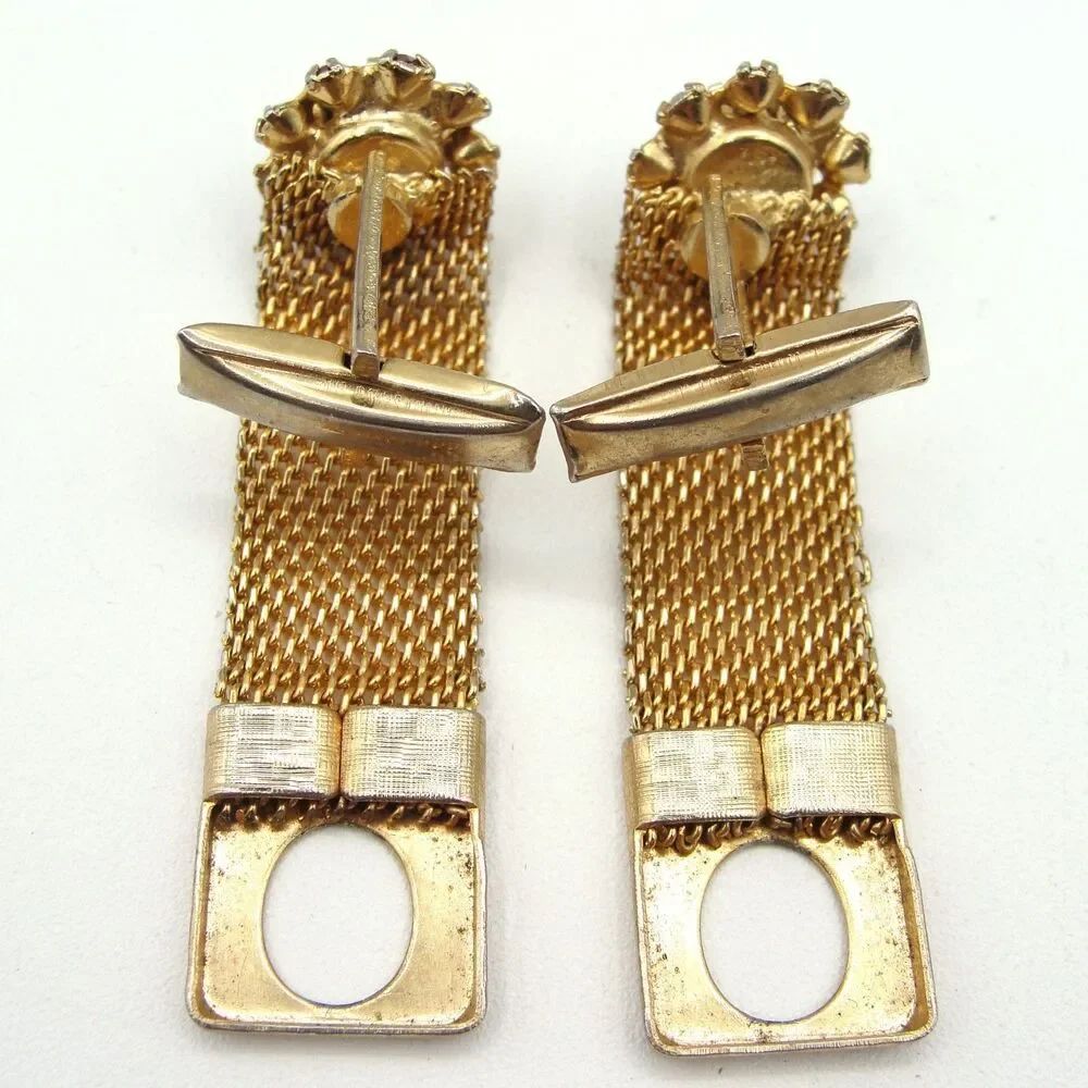 Vintage Ruby Red Rhinestone Mesh Wrap Around Cufflinks Gold Tone Mid Century